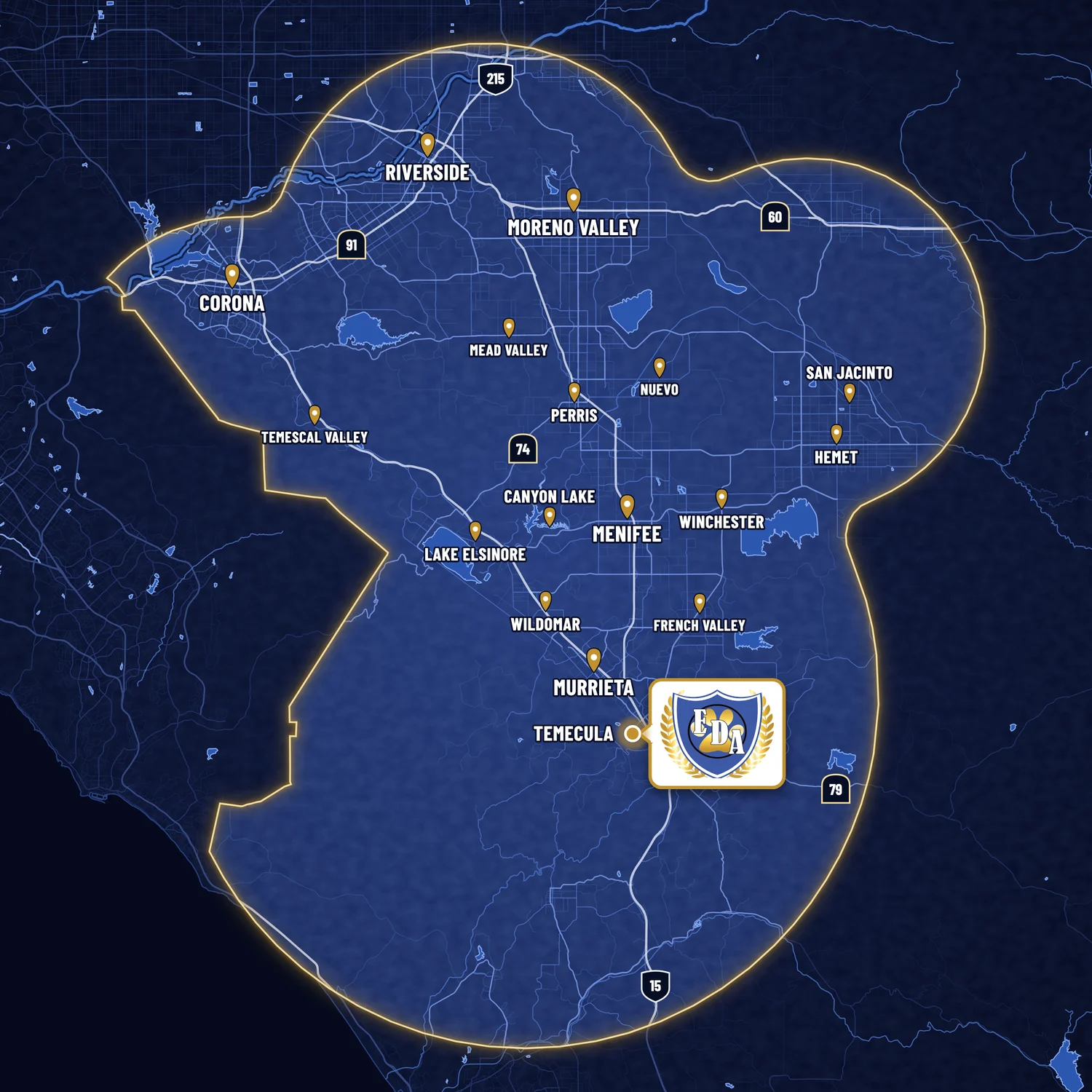 Map of the Epic Dog Academy service area across Riverside County: Temecula, Murrieta, Menifee, Wildomar, Lake Elsinore, Canyon Lake, Perris, Hemet, San Jacinto, Riverside, Moreno Valley and Corona.